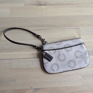 Coach Optic C Signature Canvas Wristlet Beige Brown Leather Trim Front Pocket